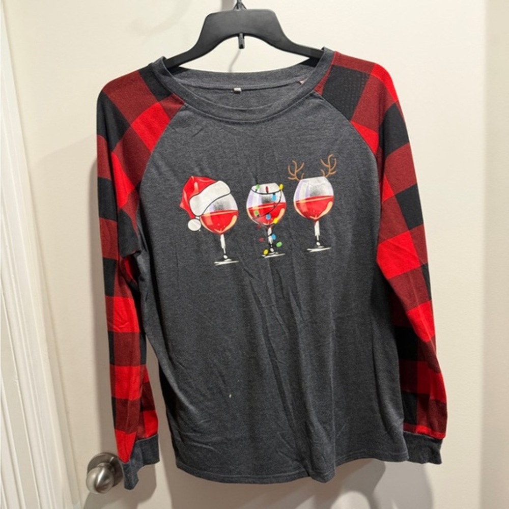 Plaid Sleeve Holiday Wine Glass Long Sleeve Tee